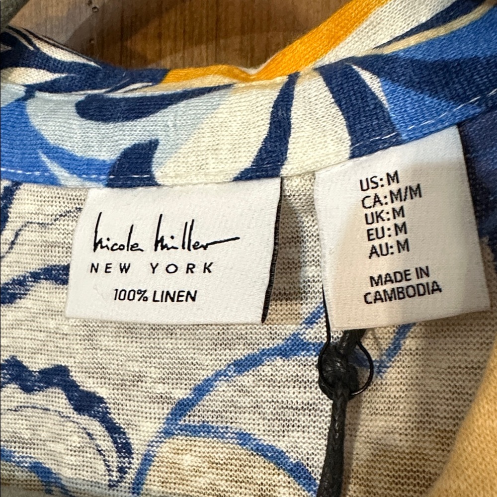 NEW Nicole Miller NewYork Linen Vibrant Blue Yellow Tropical Floral Print Shirt - Picture 2 of 6